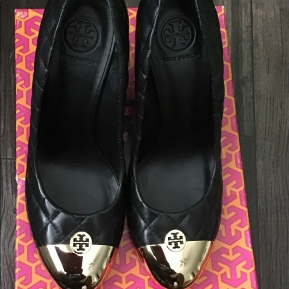 Tory Burch Quilted Black Wedges with Gold Toe